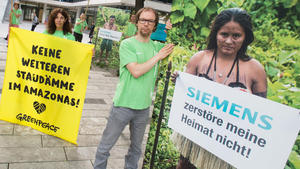 © Thomas Einberger / Greenpeace Aktivisten verlangen klares Nein von Siemens zur Urwaldzerstörung in Brasilien